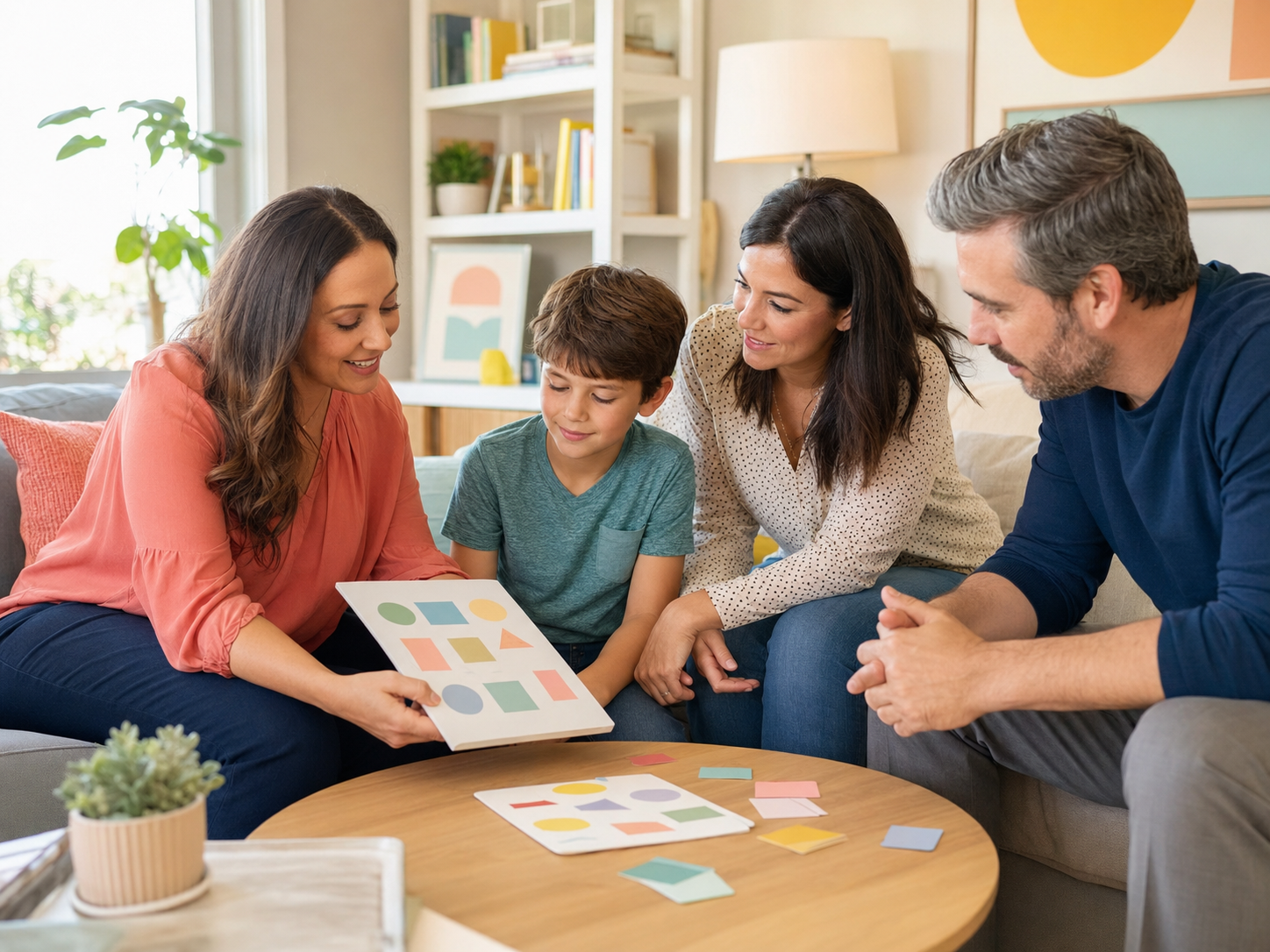 A BCBA collaborating with a child and his parents at home