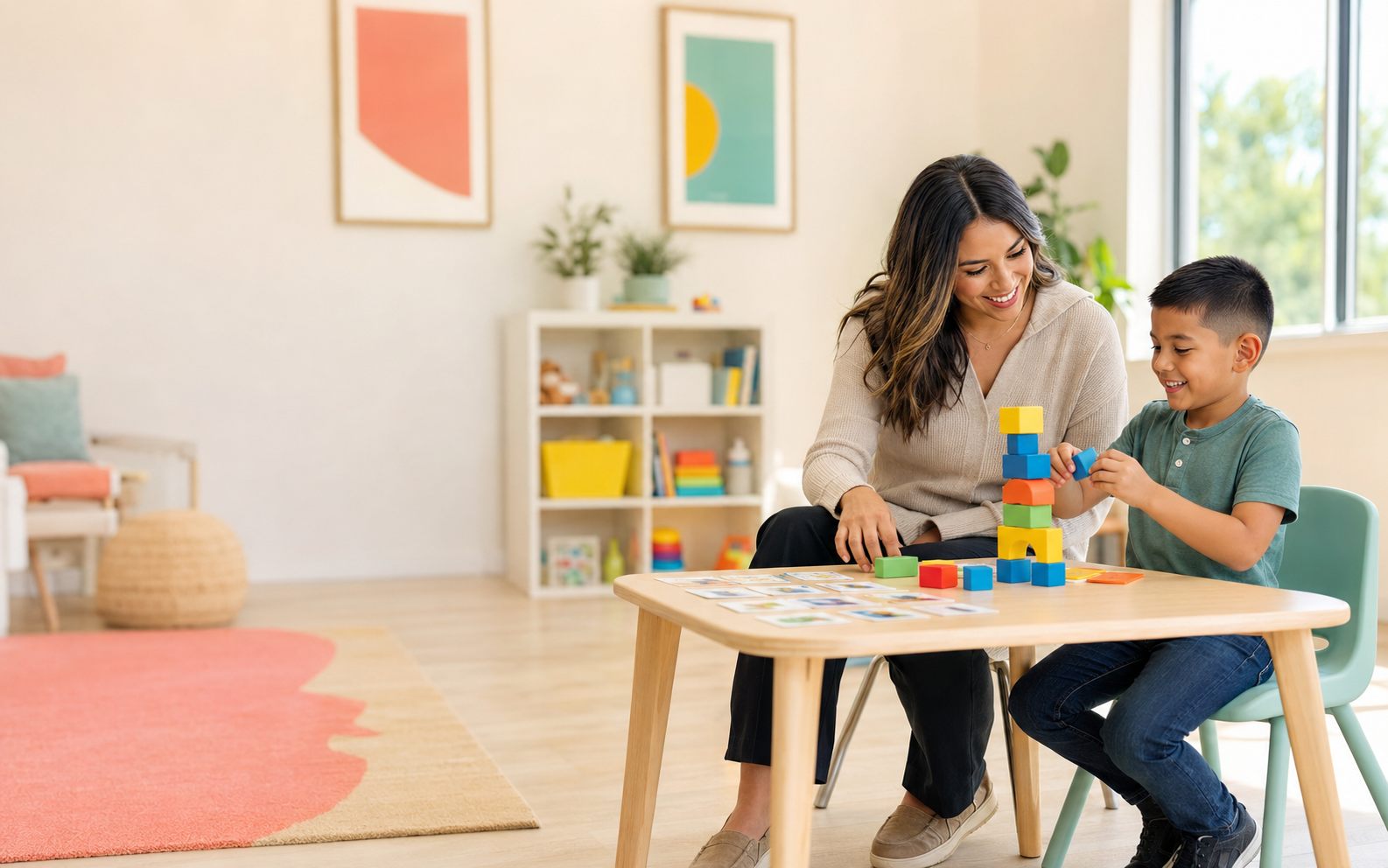 A therapist and school-age child learning through colorful play