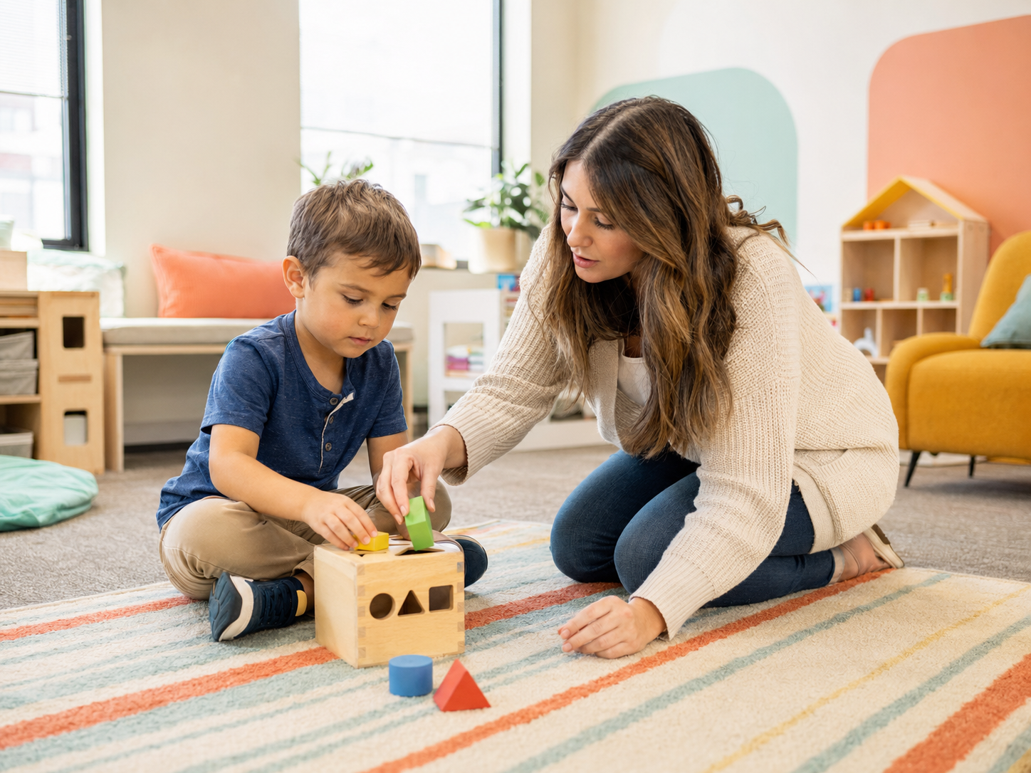 A therapist helping a young child with a shape-sorting activity
